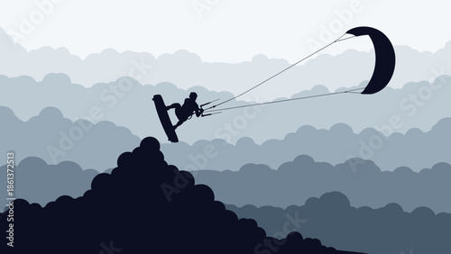 Kitesurfer soaring through cloudy skies with dynamic kite