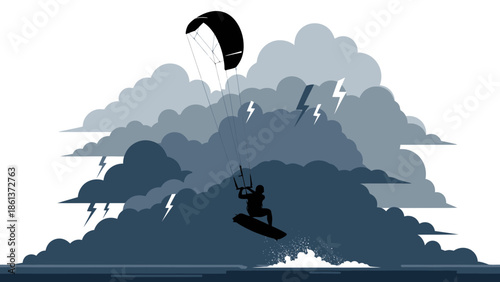 Thrilling kite surfer riding stormy weather with dark clouds and lightning