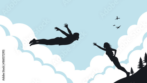 Man and woman jumping off cliff into air with clouds and trees