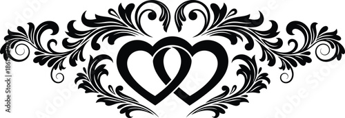 Two intertwined black heart silhouettes with ornate symmetrical floral scrollwork frame for wedding invitations and romantic card design elements.