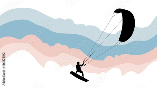 Kite surfer gliding over wavy landscape with colorful abstract background