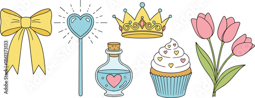 Cute romantic elements flat vector set with bow, heart wand, crown, perfume bottle, cupcake and flowers