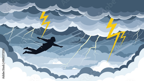 Dramatic silhouette of a person falling through stormy clouds with lightning
