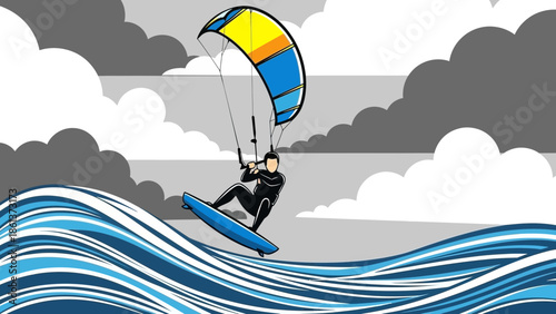 Thrilling kite surfer riding dynamic ocean waves with colorful kite