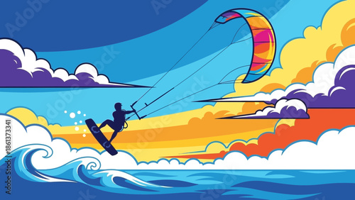 Kite surfer riding dynamic waves with colorful kite in sunset sky