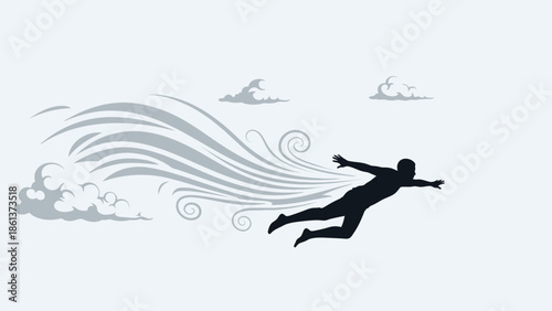 Man flying through air with clouds and wind