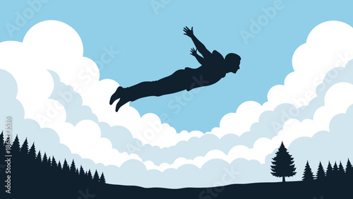 Man flying through air with arms outstretched over scenic landscape