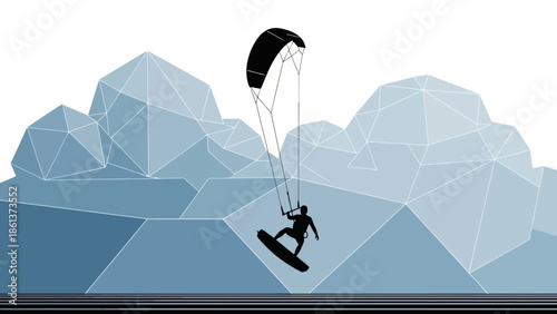 Thrilling kite surfer riding waves against geometric mountain backdrop