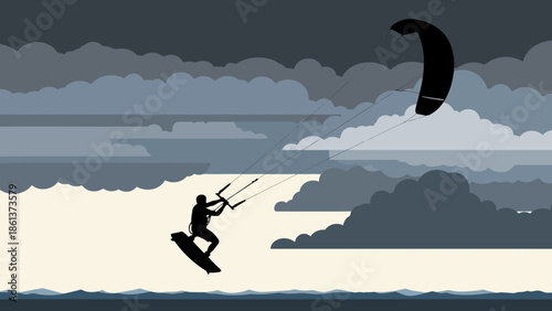 Thrilling kite surfer in action against stormy cloudy sky background