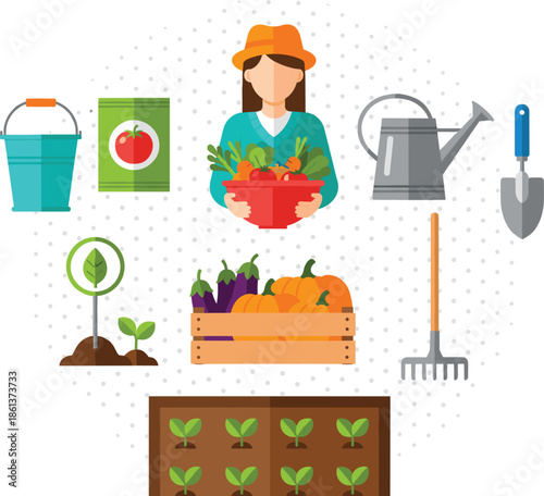 Gardening and organic farming flat vector illustration set with farmer, vegetables, tools, seedlings and home garden elements