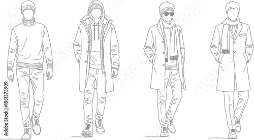 Collection of four male fashion line art illustrations showcasing diverse casual and formal winter outerwear styles for men