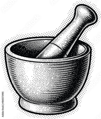 Mortar and Pestle Stipple Shading Illustration Vintage Kitchen Herb Grinding Tool Black and White Vector