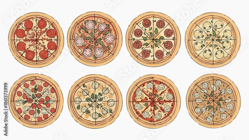 Variety of delicious pizzas with different toppings on wooden plates