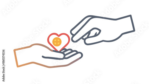 Hands giving a coin or heart icon, representing zakat and charity in ramadan, minimalist vector