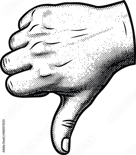 Retro Thumbs Down Hand Gesture in Black and White Halftone Comic Pop Art Style