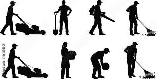 Black silhouettes of gardeners and landscapers working with lawn mower, shovel, leaf blower, and rake, professional garden maintenance services vector illustration set,