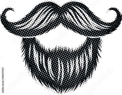 Black and white retro distressed beard and handlebar mustache vector illustration with halftone dot texture