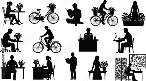 Black silhouettes of people reading, riding bicycles, working at desks with flowers, and gardening, lifestyle activity vector illustration set isolated on white,