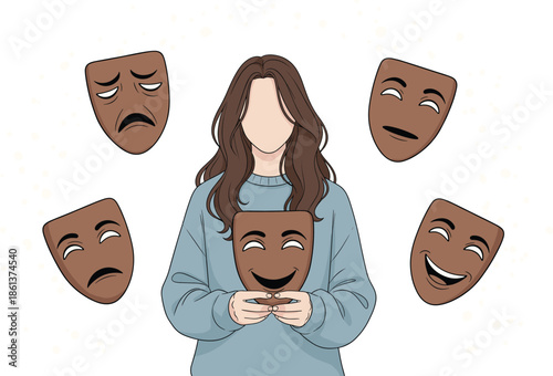 Mental health and emotional mask concept flat vector illustration showing hidden feelings, psychology, identity and emotional expressions
