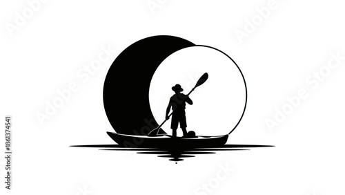 Silhouette of a person in a boat paddling under a large moon.