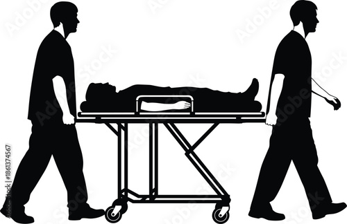 Black silhouettes of two paramedics pushing a patient on a medical stretcher, emergency hospital staff and ambulance crew vector illustration isolated on white,
