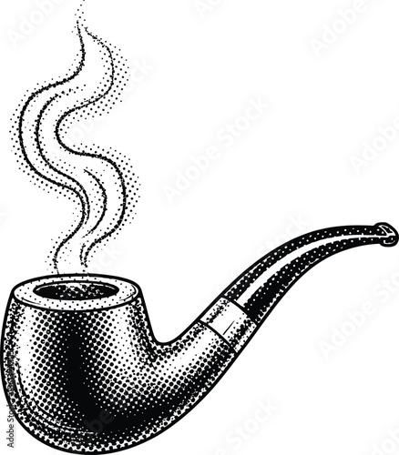 Classic Tobacco Smoking Pipe Vector Drawing with Halftone Dot Texture and Rising Smoke
