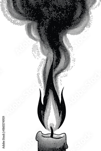 Black and White Halftone Candle with Smoke Vector Illustration