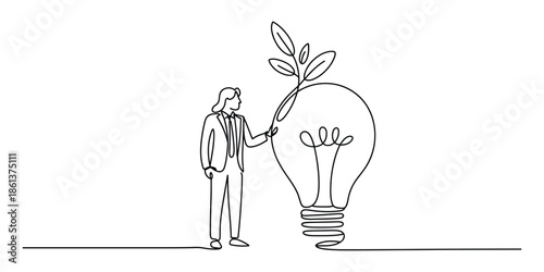 Sustainable innovation: a person with a light bulb sprouting a plant representing new green ideas