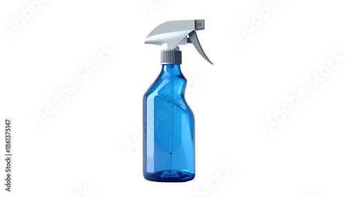 A translucent blue spray bottle with a grey trigger and black background