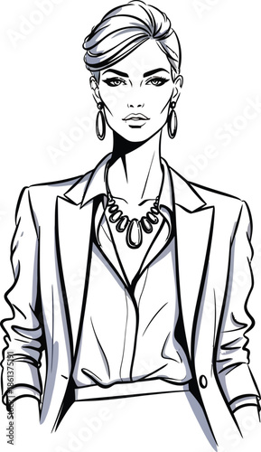 Stylish black and white fashion illustration depicting a confident businesswoman wearing a tailored blazer and statement jewelry artfully sketched.