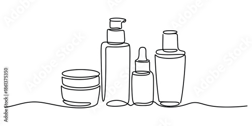 Minimalist continuous line art drawing of a set of beauty and skincare product containers