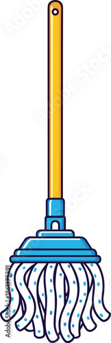 Colorful mop illustration, cleaning tool icon, isolated on white background, household hygiene equipment, cartoon vector design, simple flat style, graphic