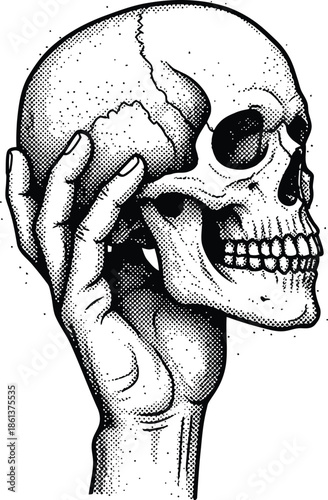 Hand Holding Human Skull Engraving Style Halftone Vector Illustration