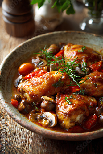 Photorealistic chicken cacciatore in rustic ceramic bowl with tomato sauce, mushrooms, peppers, and herbs, set against a softly blurred kitchen background
