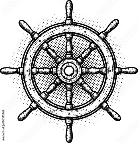 Classic nautical ships wheel vector illustration Engraving style maritime helm with black and white halftone texture