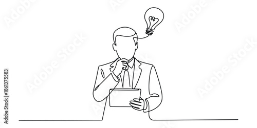 Businessman in continuous line drawing style gets an idea while contemplating with a tablet