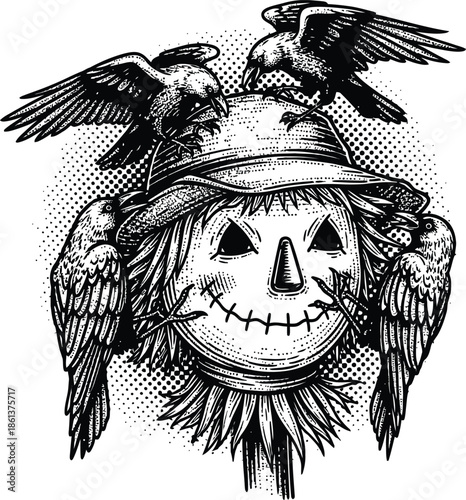Black and White Engraving of Spooky Scarecrow Head with Crows Rustic Harvest Autumn Halloween Vector Illustration