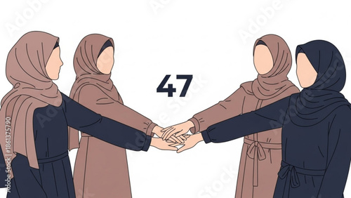 Four women in hijab holding hands in a circle with the number 47 representing unity and teamwork isolated on white background