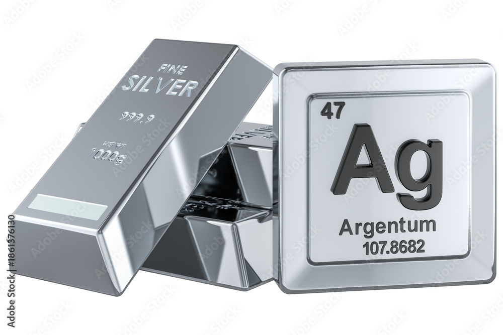 Foto Silver bars with periodic table element Ag, transparent background