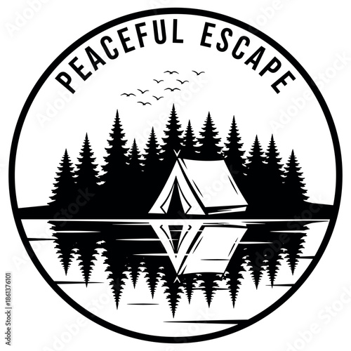 Peaceful escape: tent by lake in forest with birds in black and white