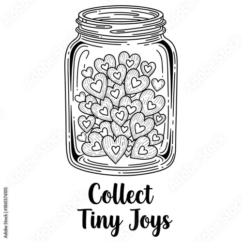 Jar filled with heart-shaped objects and "collect tiny joys" text in decorative design