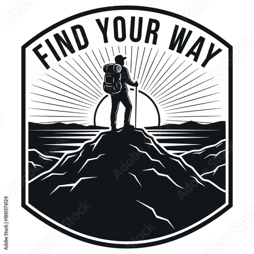 Find your way hiking adventure badge design with sunrise and mountains