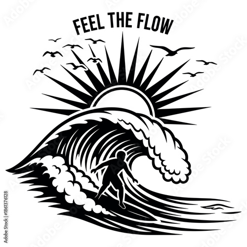 Sunset surfing silhouette with birds and waves art design