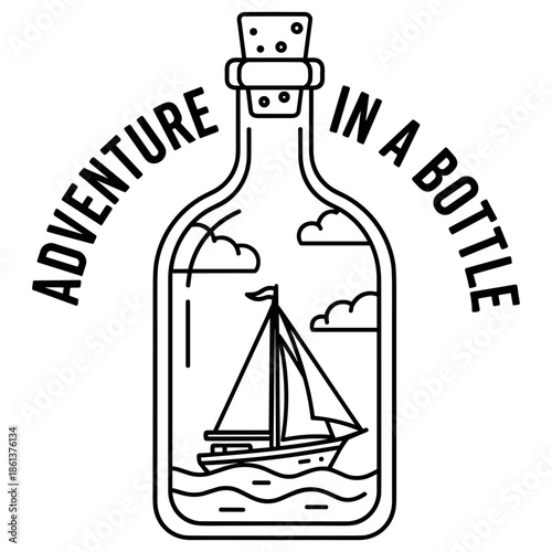 Adventure in a bottle: nautical sailboat outline graphic with clouds and waves
