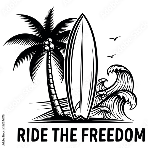 Surfboard and palm tree with ocean waves - ride the freedom design