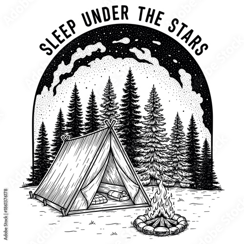 Illustrated camping scene with tent and campfire under starry sky in forest