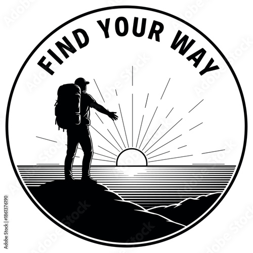 Silhouette of male hiker at sunrise overlooking ocean with motivational text