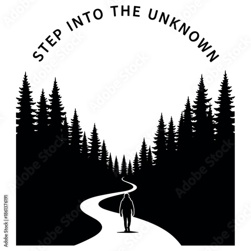 Silhouette of person walking on a forest path under inspirational message