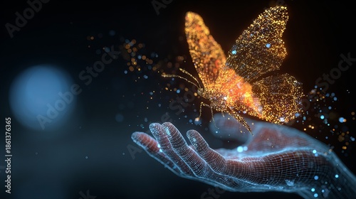  Wireframe hand, orange and yellow light particles.