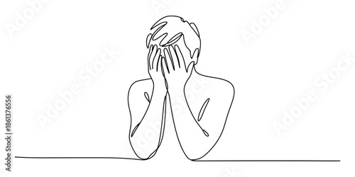 Man covering face with hands, one line drawing, stress and despair concept